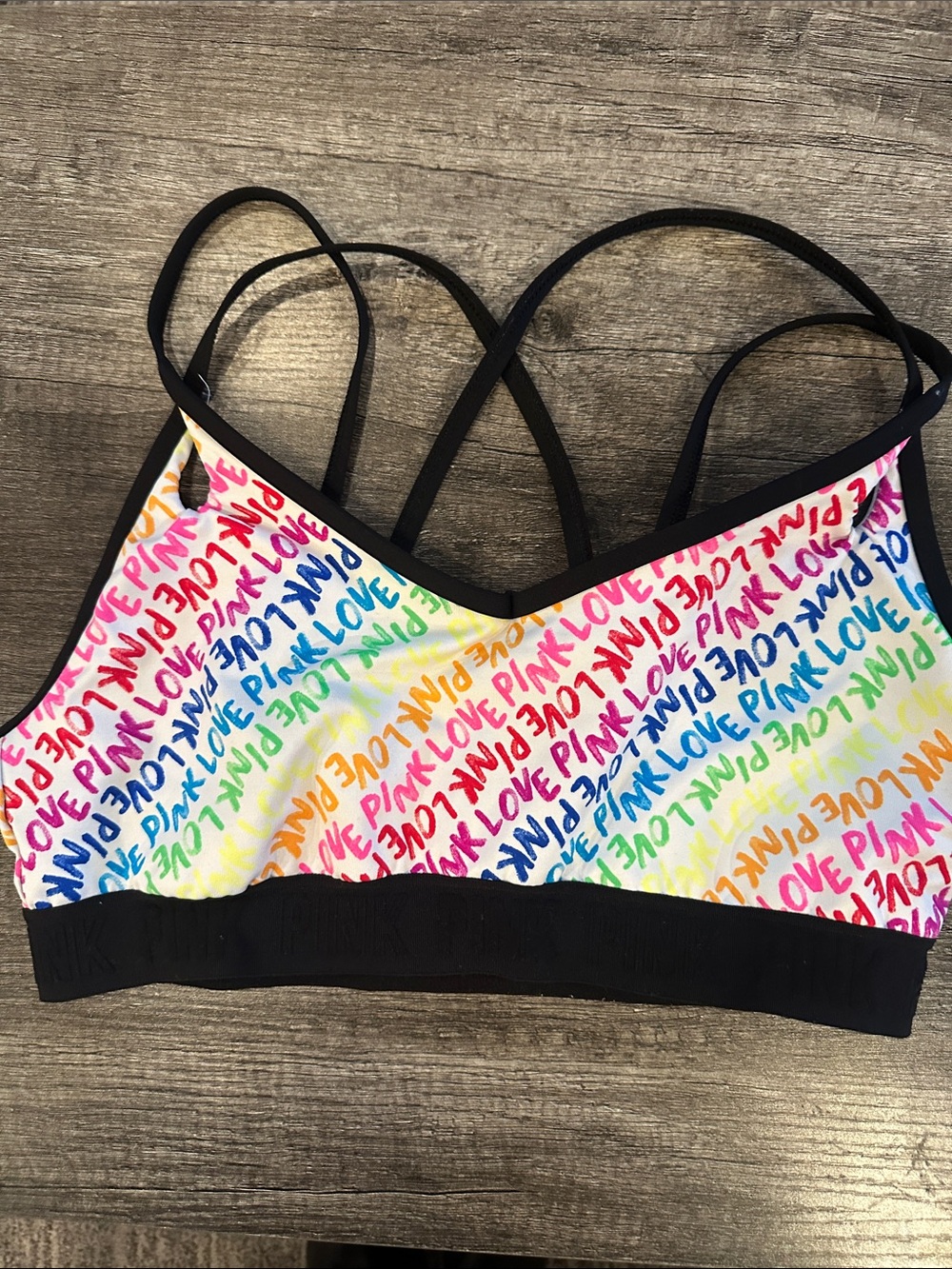 PINK Victoria's Secret Rainbow 'LOVE PINK' Sports Bra with Black Trim